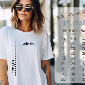 Peut inclure: Tableau des tailles pour les t-shirts Bella + Canvas 3001, indiquant les mesures de largeur et de longueur en pouces pour les tailles XS &agrave; 5XL.