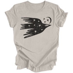 Peut inclure: Un t-shirt gris chin&eacute; avec un motif noir et blanc d'un oiseau stylis&eacute; volant avec des &eacute;toiles et une lune croissante.