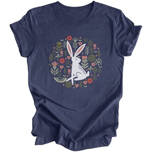 Folk Art Rabbit Tshirt, Flowers Shirt, Bunny Tee, Easter Spring, White Hare T Shirt, Scandinavian Flower Graphic Tee, Spring Summer Nature image 4