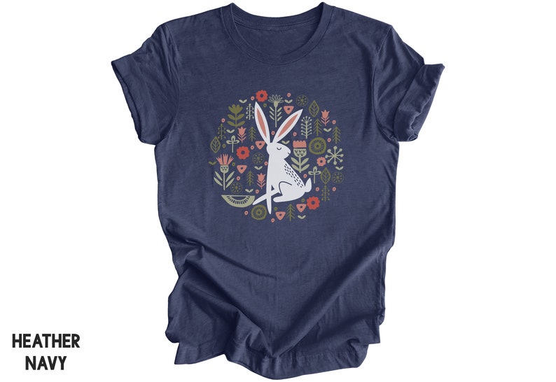 Folk Art Rabbit Tshirt, Flowers Shirt, Bunny Tee, Easter Spring, White Hare T Shirt, Scandinavian Flower Graphic Tee, Spring Summer Nature image 4