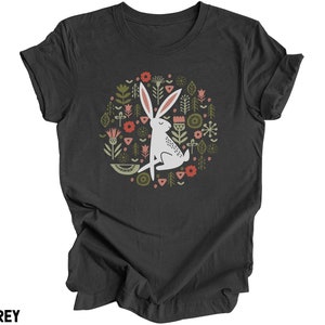 Folk Art Rabbit Tshirt, Flowers Shirt, Bunny Tee, Easter Spring, White Hare T Shirt, Scandinavian Flower Graphic Tee, Spring Summer Nature image 5