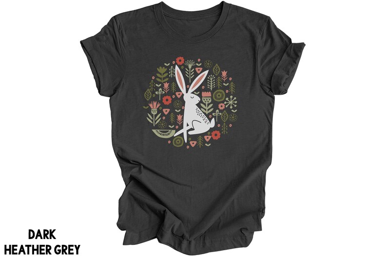 Folk Art Rabbit Tshirt, Flowers Shirt, Bunny Tee, Easter Spring, White Hare T Shirt, Scandinavian Flower Graphic Tee, Spring Summer Nature image 5