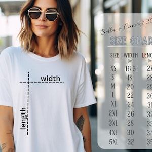 Puede incluir: Tabla de tallas para camisetas Bella + Canvas 3001, que muestra las medidas de ancho y largo en pulgadas para las tallas XS a 5XL.