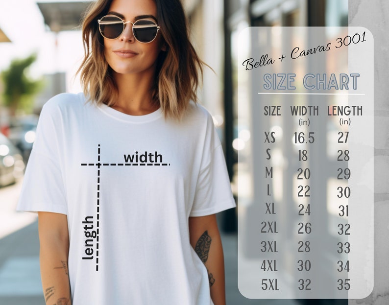 Puede incluir: Tabla de tallas para camisetas Bella + Canvas 3001, que muestra las medidas de ancho y largo en pulgadas para las tallas XS a 5XL.