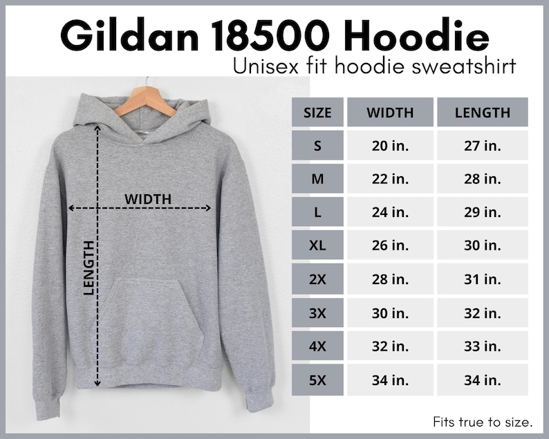 May include: A gray unisex hoodie sweatshirt with a size chart showing measurements in inches. The chart includes sizes S through 5X, with corresponding width and length measurements.
