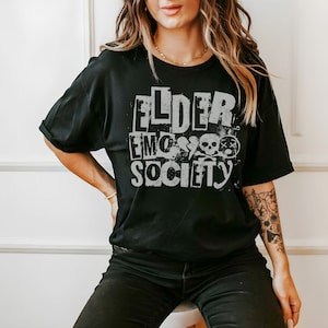 May include: Black t-shirt with a white graphic print that says "Elder Emo Society" with a skull and crossbones design.