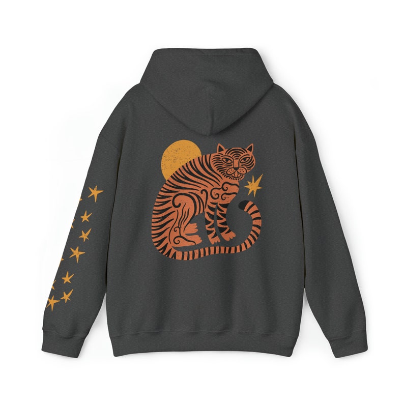 Tiger Sweatshirt Funky Asian Tiger Hoodie Modern Boho Clothing Eclectic Hooded Sweatshirt Retro Distressed Graphic Shirt Vintage Cute Style image 3