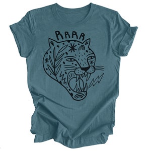 May include: A heather deep teal t-shirt with a black and white illustration of a roaring tiger's head with the word "RRRR" above it.