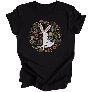 Folk Art Rabbit Tshirt, Flowers Shirt, Bunny Tee, Easter Spring, White Hare T Shirt, Scandinavian Flower Graphic Tee, Spring Summer Nature image 6
