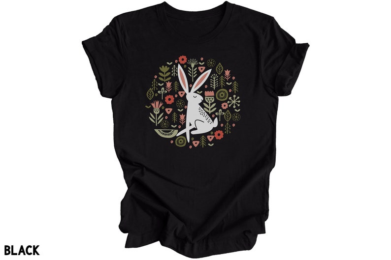 Folk Art Rabbit Tshirt, Flowers Shirt, Bunny Tee, Easter Spring, White Hare T Shirt, Scandinavian Flower Graphic Tee, Spring Summer Nature image 6