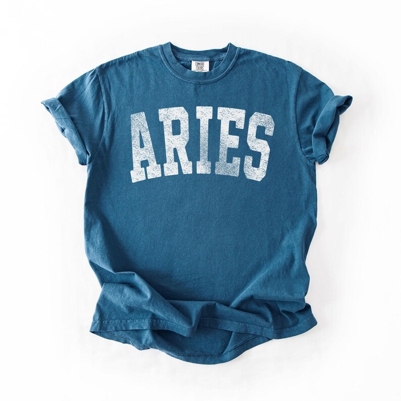 May include: A blue t-shirt with the word "ARIES" printed in white, distressed lettering. The shirt has a crew neck and short sleeves. The fabric appears to be soft and comfortable.