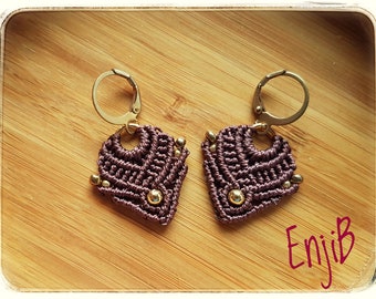 Boucles d'oreilles Micro macramé, marron, laiton et acier, style ethnique ou tribal, Macrame earrings