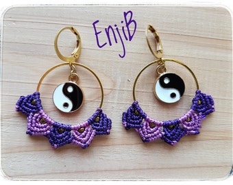 Micro macramé earrings, purple, parma, brass and steel, ethnic or tribal style, Yin and Yang, Macrame earrings