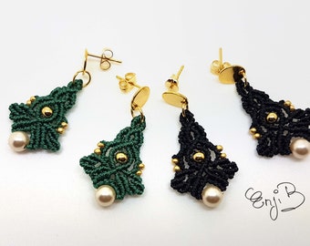 Boucles d'oreilles Micro macramé, perles nacrées, style Boho chic, Macrame earrings, clous d'oreilles, studs