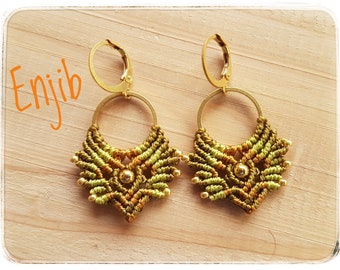 Micro macramé earrings, gradient of greens, brass and steel, ethnic or tribal style, Macrame earrings