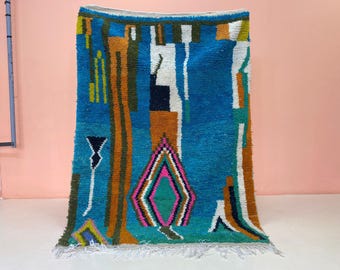 AMAZING Blue and ORANGE MOROCCAN Rug - Handmade Morrocan Rug - Authentic Berber Rug - Bohemian Style Rug For Living Room - Abstract Rug