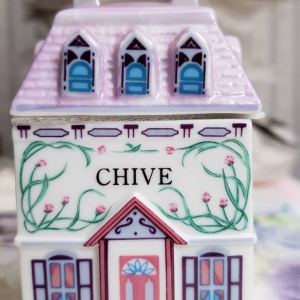 80s lenox spice village chive storage box herb canister Victorian kitchen house decor shape gabled mansard roof lavender color storing herbs