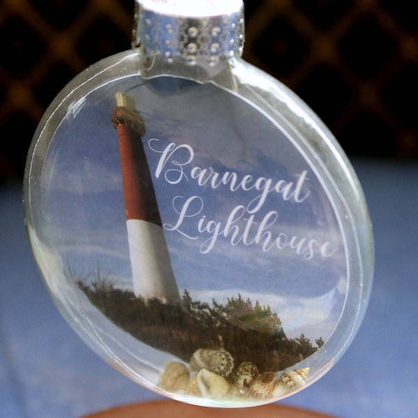 Barnegat Lighthouse Christmas Ornament with seashells inside, New Jersey shore- Barney Lighthouse - Long Beach Island - LBI - NJ beach