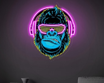 Gorilla with Headphones LED Neon Sign Light Pop Art, Cool Monkey Headphone Led Sign, Custom Music Club Wall Decor Man Cave Home Bar Decor