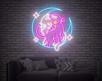 Moon Cat Neon Sign, Anime Wall Art Decor, Kawaii Aesthetic Art, Gift for Girl Birthday, Led Neon Lights