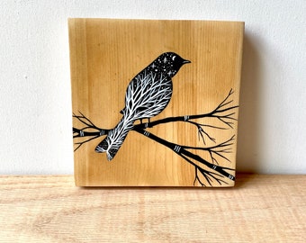 Bird Painting, Nature Art, Bird Silhouette, Tree Art, Handcrafted Art on Wood