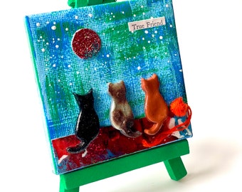 Miniature Cat Painting, Cat Art, Clay Kitties, 3 x 3 with easel, Clay Art, Mini Painting