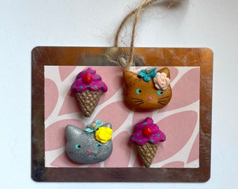 Clay Cat Magnets, Set of Four, Ice Cream Cone Magnets, Clay Magnets, Clay Ice Cream Cones, Clay Kitty Magnets