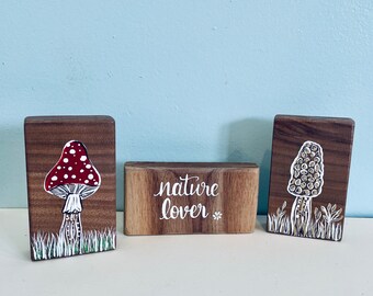 Mushroom Art, Set of 3, Hand painted Artwork on Wood, Nature Art, Mushroom Artwork, Home Decor