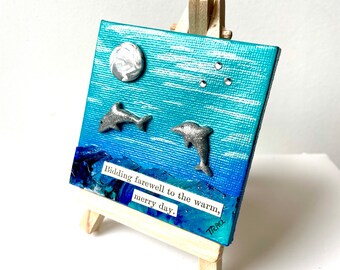 Miniature Dolphin Painting, Dolphin Art, Clay Dolphins, 3 x 3 with Easel, Clay Art, Mini Painting