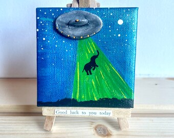 Miniature UFO Painting,Elephant Art,  Flying Saucer Art, Clay UFO, 3 x 3 with Easel, Clay Art, Mini Painting