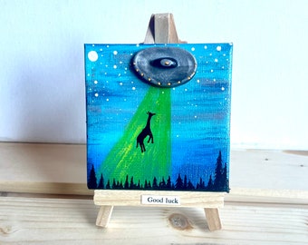 Miniature UFO Painting, Giraffe Art,  Flying Saucer Art, Clay UFO, 3 x 3 with Easel, Clay Art, Mini Painting
