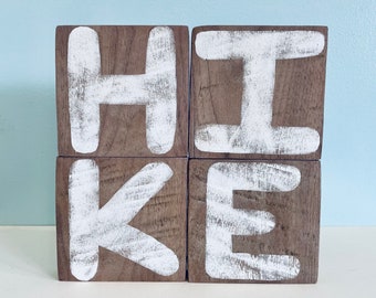 Sale!! HIKE Art, Rustic Words, Set of 4, Hand Lettered Words, Reclaimed Wood, Hiking