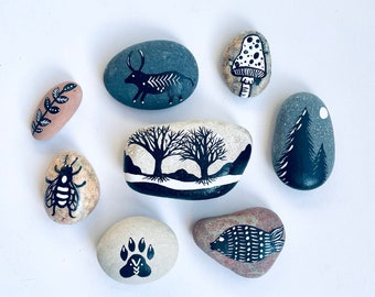 Symbol Stones, Nature Themed Rock Collection, Hand Painted Black & White Rock Art, Painted Rocks