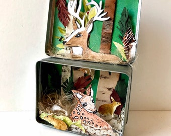 Miniature World of  Deer Art, Tin Art, Altered Art, Watercolor, Nature Art, Mixed Media