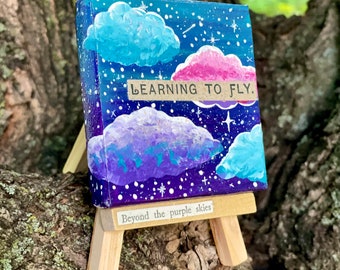 Miniature Painting on Easel. Cloud Painting, Little Gift, Inspirational Art, Mini Sky Artwork