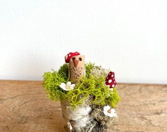 Clay Owl, Nature Figurine, Owl and Mushroom Art, Mini Owl with Mushroom Hat, Nature Sculpture