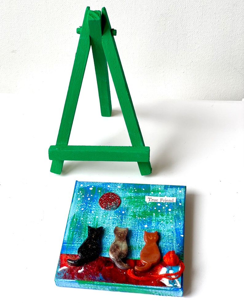 Miniature Cat Painting, Cat Art, Clay Kitties, 3 X 3 With Easel, Clay