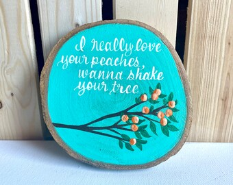 Song Art, Wood Slice Painting, Peach Tree Painting, Wood Slice