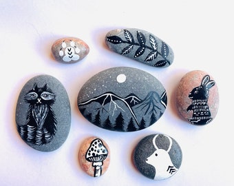 Symbol Stones, Rock Art, Hand Painted Black and White rocks, Nature Art, Set of Seven