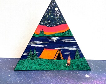 Triangle Art, Camping Painting, Tent Artwork, Painting on Wood,Wood Triangle, Camp Scene