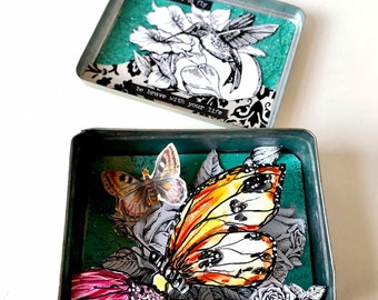 Miniature world of butterflies and birds. Altered Art, Tin Art, Mixed Media Collage