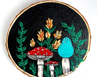 Mushroom Art, Painting, Nature Theme, Log Slice Painting, Plant and Mushroom Aesthetic