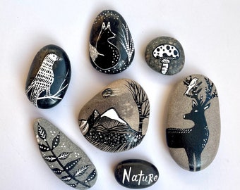 Black & White Painted Rocks, Symbol Stones, Nature Art, Rock Collection, Handpainted