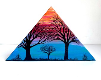 Triangle Art, Nature Painting, Tree Artwork, Painting on Wood,Wood Triangle, Trees and Sunset