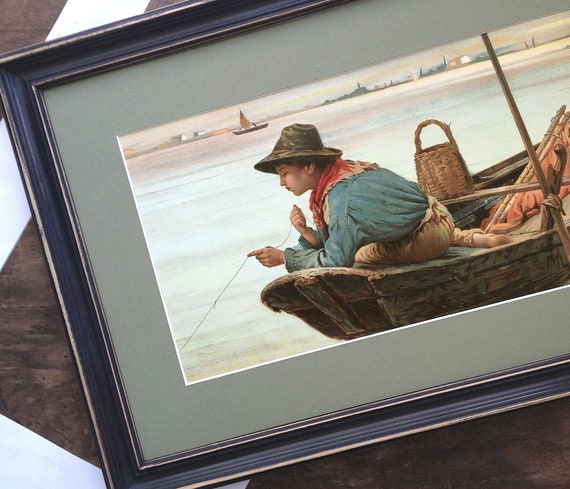 Boy Fishing Framed Antique Print Original 1895 Chromolithograph Artisan Framed Naturalist Art Interior Home Decor
