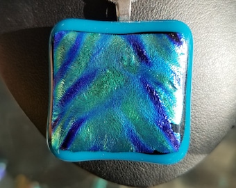 Unique Square Blue Green Glass Pendant Necklace