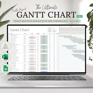 Puede incluir: Una pantalla de portátil que muestra una plantilla de gestión de proyectos Gantt Chart Pro con columnas para nombre de proyecto, prioridad, responsable, estado y barras de cronograma. La interfaz incluye los textos Multi-Project, The Ultimate Gantt Chart y track multiple projects in one streamlined timeline.