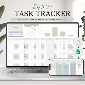 May include: A laptop computer displaying a task tracker spreadsheet with a green, blue, and white colour scheme. The spreadsheet includes a task list, a progress bar, and a calendar overview. The laptop is on a white surface with a green plant in the background. The text on the screen reads "Easy to Use TASK TRACKER INCLUDES DASHBOARD & CALENDAR OVERVIEW TASK LIST 15.4% INSTANT DOWNLOAD".