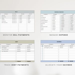 May include: A printable budget tracker with four sections: Bills, Monitor Bill Payments, Manage Expense, and Allocate Your Savings. Each section has a checklist, category, budget, actual, and left columns. The tracker is designed to help users manage their finances.