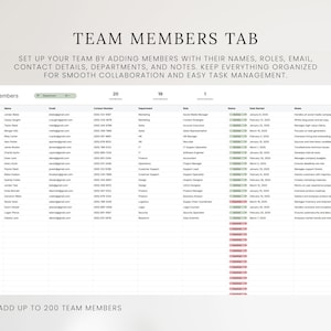 May include: A digital interface titled "Team Members Tab" with a table for organizing team member information. The interface includes fields for names, roles, email, contact details, departments, and notes. The text "Add up to 200 team members" is also visible.